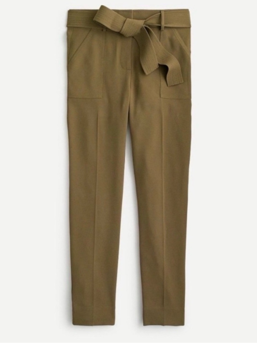 J Crew Crepe High-Waist Olive Belted Tapered Pants